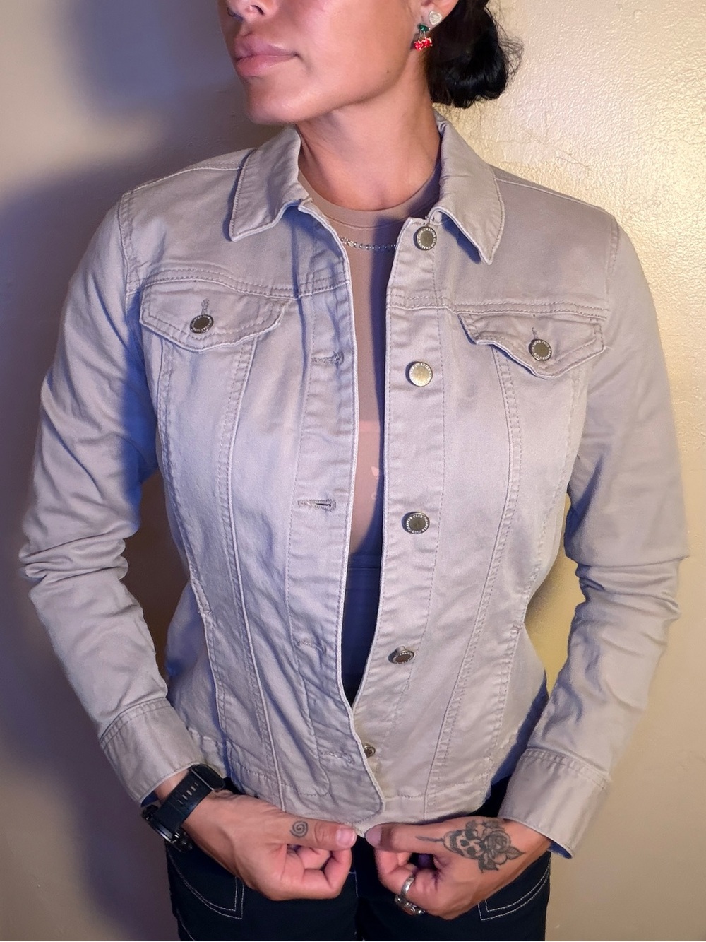 Charter Club Classic Beige Denim Jacket - Casual Collar Button-Up Very Stretchy